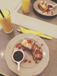 High angle view of breakfast served on table