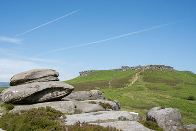 Scenic view of rocks against blue sky