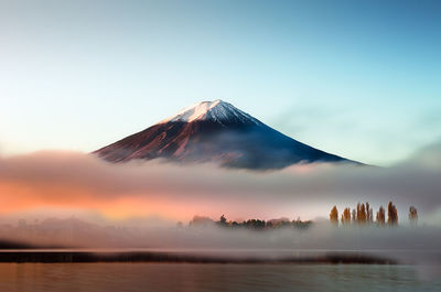 Scenic view of snowcapped mountains against clear sky during sunset