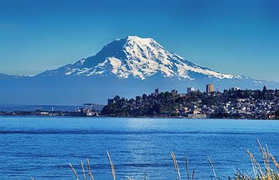 Scenic view of sea and snowcapped mountain against blue sky