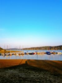 Sailboats in sea against clear blue sky