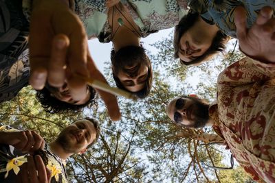 Directly below shot of friends in forest