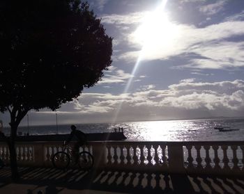 Silhouette man sitting by railing against sea