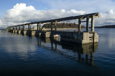 Bridge over river against cloudy sky