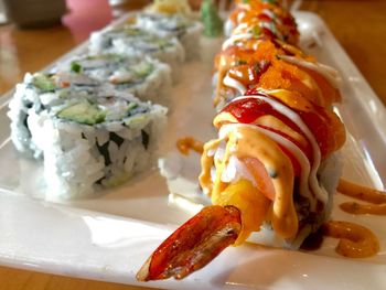 Close-up of sushi served in plate