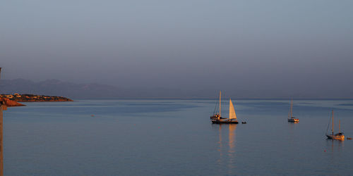 Sailboats in sea against clear sky