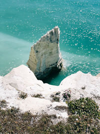 High angle view of rocks on sea shore