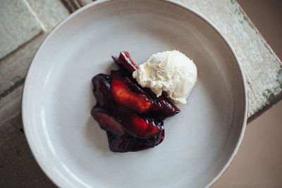 High angle view of dessert on plate