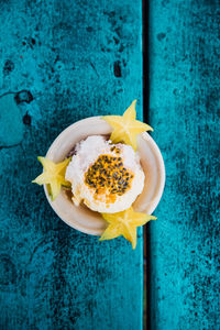 High angle view of ice cream on table