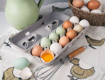 High angle view of eggs in basket on table