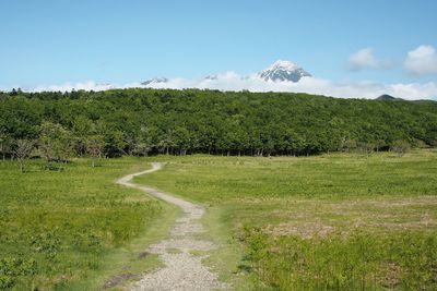 Narrow pathway along countryside landscape