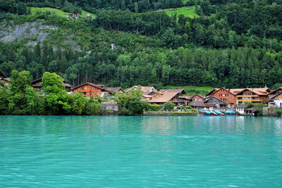 Scenic view of brienz lake with houses and green forest, switzerland
