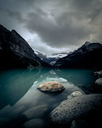 Scenic view of lake and snowcapped mountains against sky