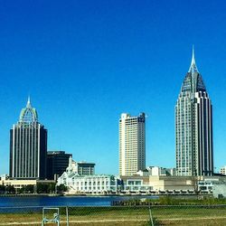 Skyscrapers against clear blue sky