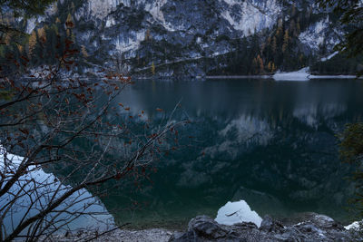 Scenic view of lake in forest during winter at lago di braies 