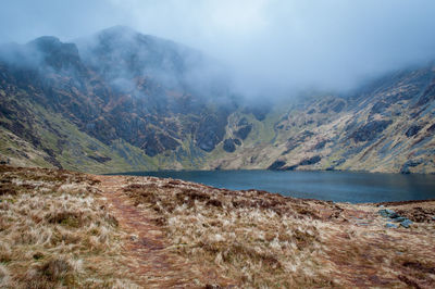 Scenic view of lake and mountains against sky