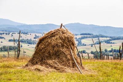 Hay bales on field against sky