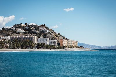 Scenic view of sea with cityscape in background