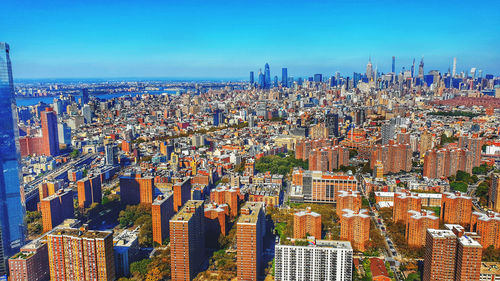 High angle view of modern buildings in city