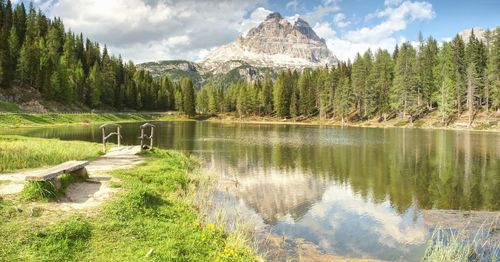 Tre cime above lago di antorno, wooden bridge, fresh green land and blue sky. amazing alpine