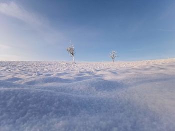 Scenic view of snow covered land against sky