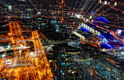 Aerial view of illuminated cityscape