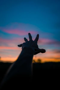 Close-up of silhouette hand against sky during sunset