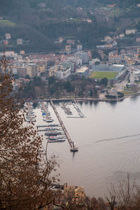 High angle view of townscape by river