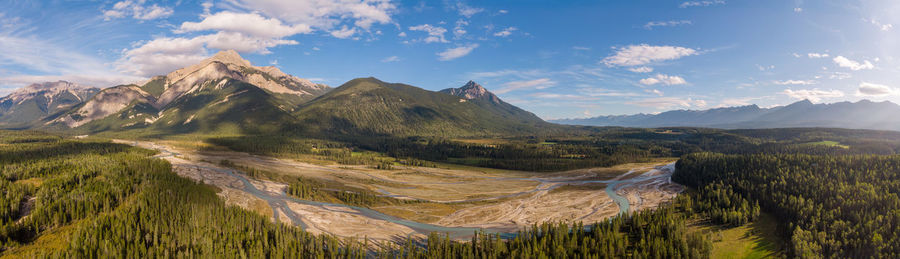 Panoramic view of landscape and mountains against sky