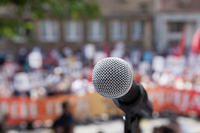 Close-up of telephone pole against blurred background