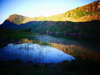 Scenic view of lake and mountains against sky
