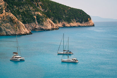 Sailboat sailing on sea in lefkada island