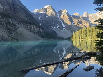 Scenic view of lake by snowcapped mountains against sky