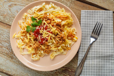 High angle view of food in plate on table