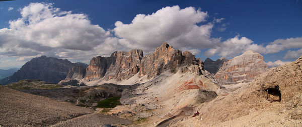 Panoramic view of rocky mountains against sky- dolomiti italy - summer - lagazuoi