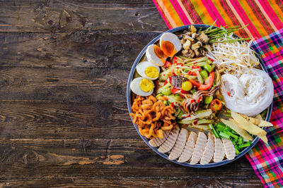 High angle view of food served on table