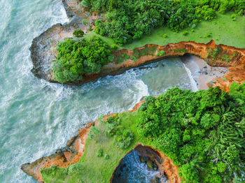 Aerial view of the reef on the beach. the view of the sea of bengkulu indonesia