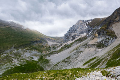 Scenic view of mountains against sky in montemonaco, marche italy 