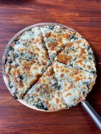 High angle view of pizza on table