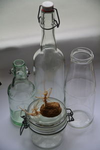 Close-up of glass objects on railing