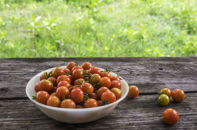 Cherry tomatoes in container on wooden table against plants