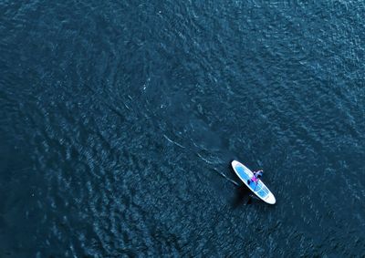 High angle view of person paddleboarding in river