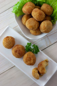 High angle view of food in plate on table