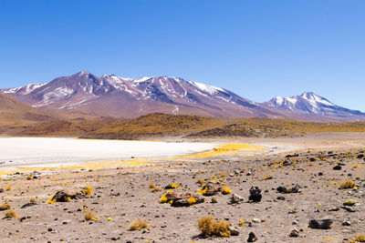 Scenic view of snowcapped mountains against clear sky