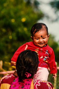 High angle view of boy looking away