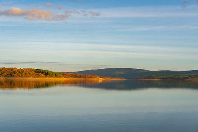 Lake reservoir dam landscape view at sunset during autumn fall in sabugal dam, portugal