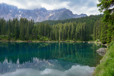 Scenic view of lake by mountains against sky