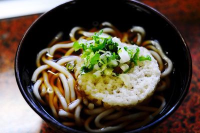 High angle view of noodles soup in bowl