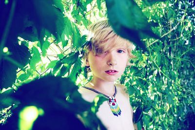 Portrait of smiling boy in tree