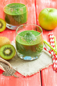 Close-up of fruits in glass on table